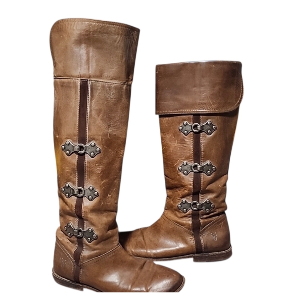 FRYE VINTAGE Chestnut Leather Tall Riding Boots 6.5 Harness Buckle OTK Moto - Picture 6 of 16